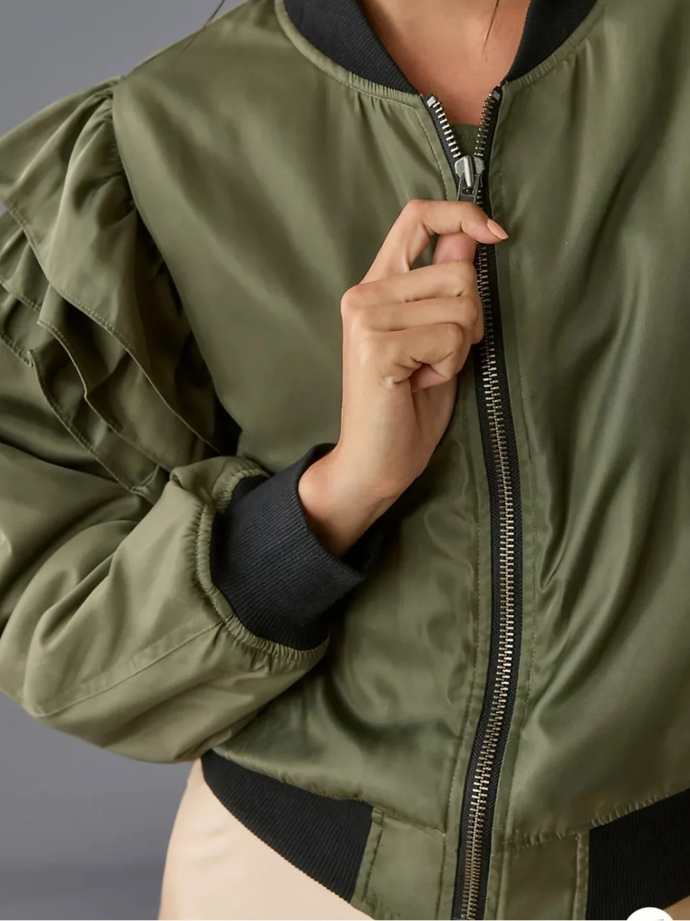 MABLE Anthropology Olive Bomber Jacket with Black Trim and Orange Lining Jacket - Picture 4 of 10